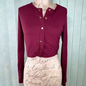 Fashion Nova maroon/red ribbed long sleeve button down crop top in size Medium.
